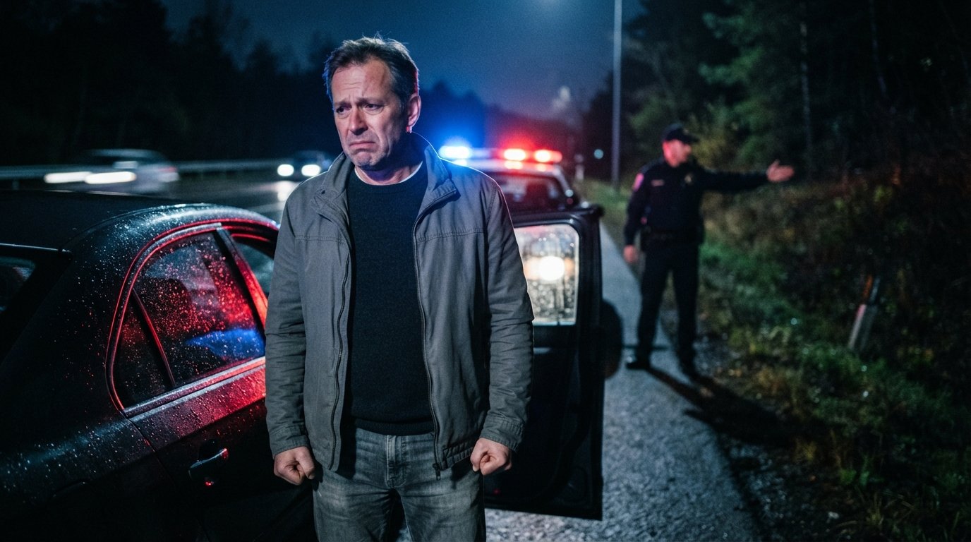Middle-aged male driver stands beside idling sedan on dark shoulder, red and blue emergency lights reflecting off wet…