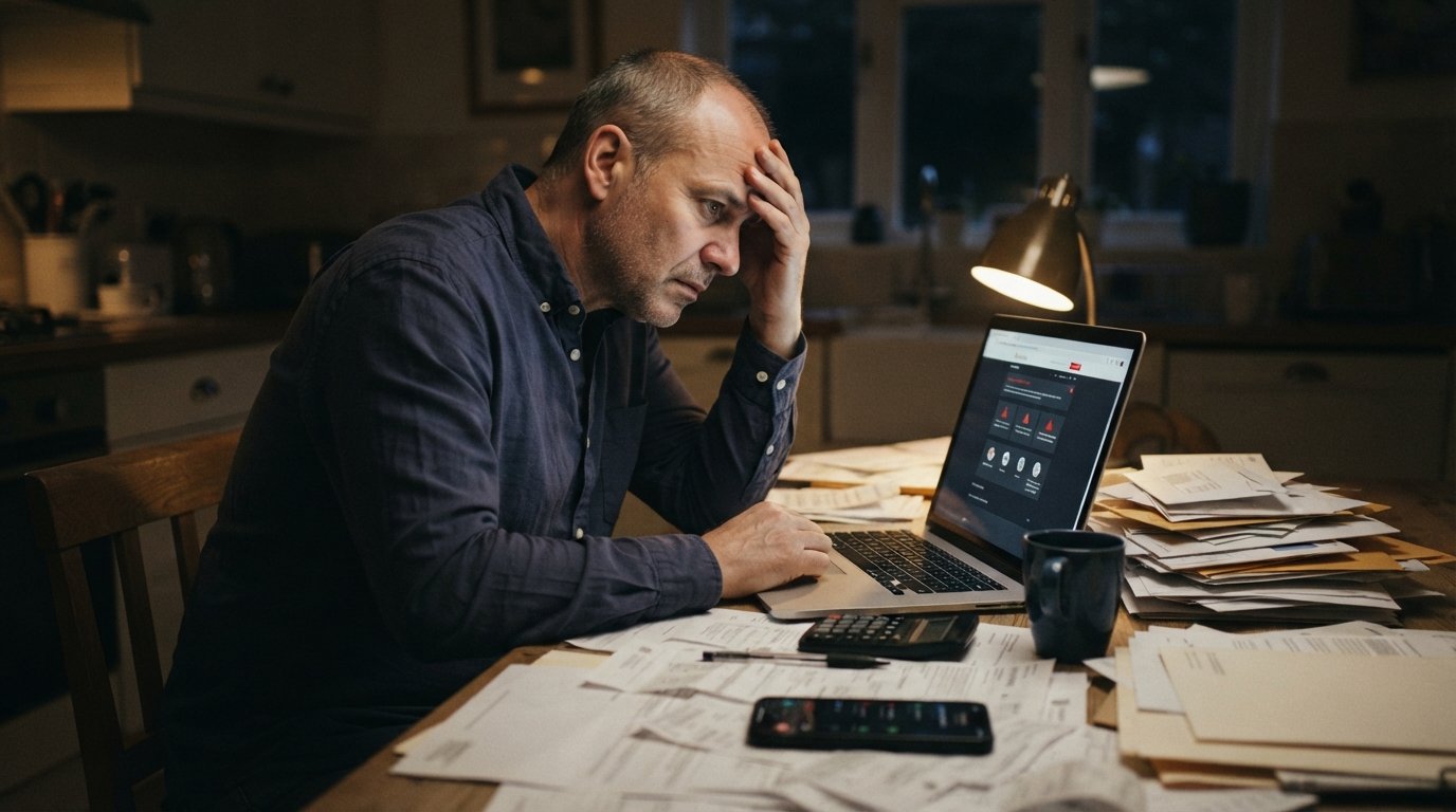 Worried man in a wrinkled shirt rubbing his forehead at a cluttered kitchen table, looking at a laptop showing an overdue…