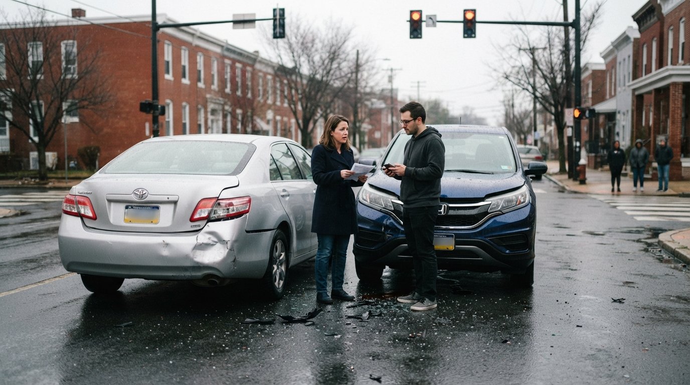 Two drivers exchange documents beside a silver sedan with a crumpled rear bumper and a dark blue SUV with front-end damage…