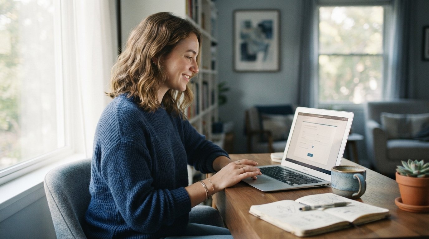 Young adult at a sunlit desk, hand over a laptop trackpad showing a loan offer screen, with a coffee mug and notebook nearby