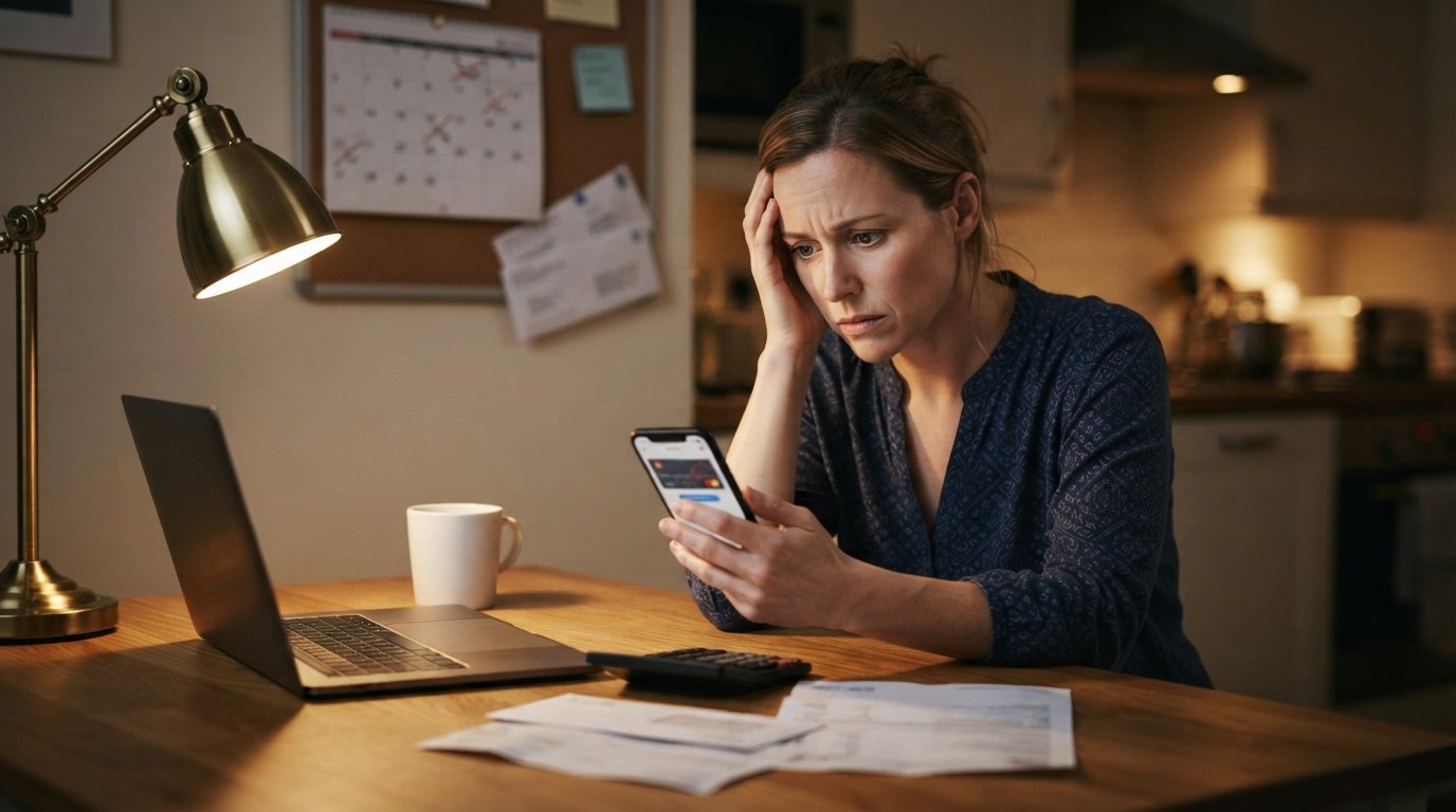 Woman at a kitchen table at night looking at a smartphone payment reminder beside a paper bill, coffee, laptop, and…