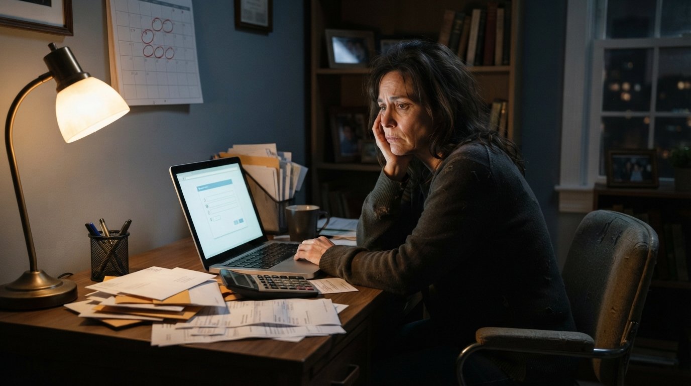 Worried person at a desk at night resting their head on one hand, looking at a laptop beside a paper calendar, calculator,…