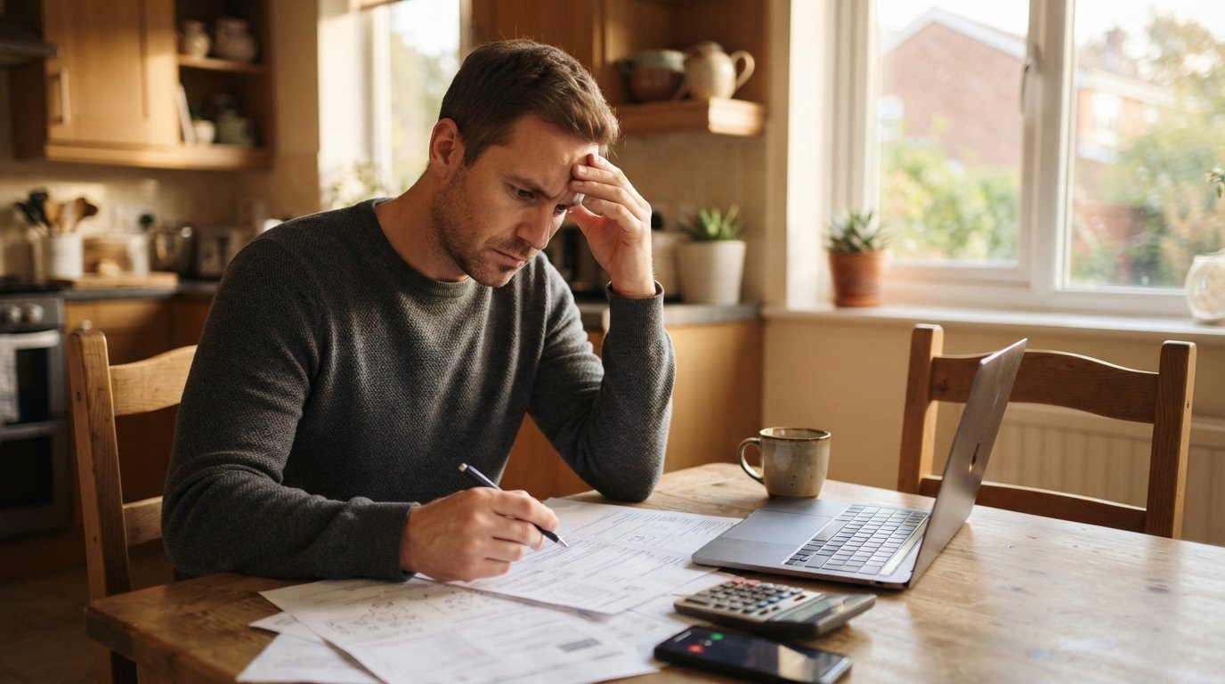 Worried man at a kitchen table reviewing loan documents with a pen, an empty chair beside him, and a phone showing an…