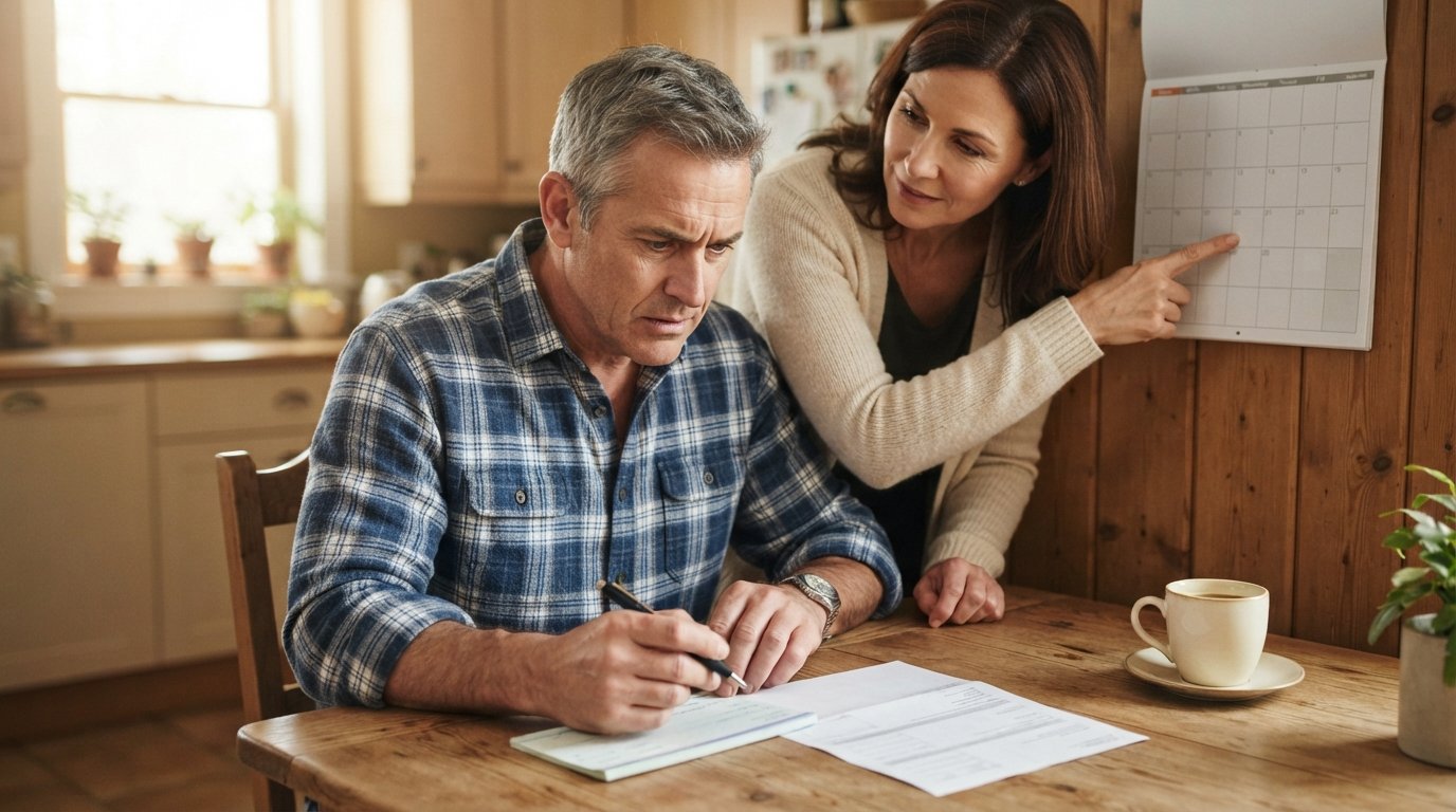 Man in a button-down shirt reviews a premium notice with a pen over a checkbook while a woman in a cardigan points to a…