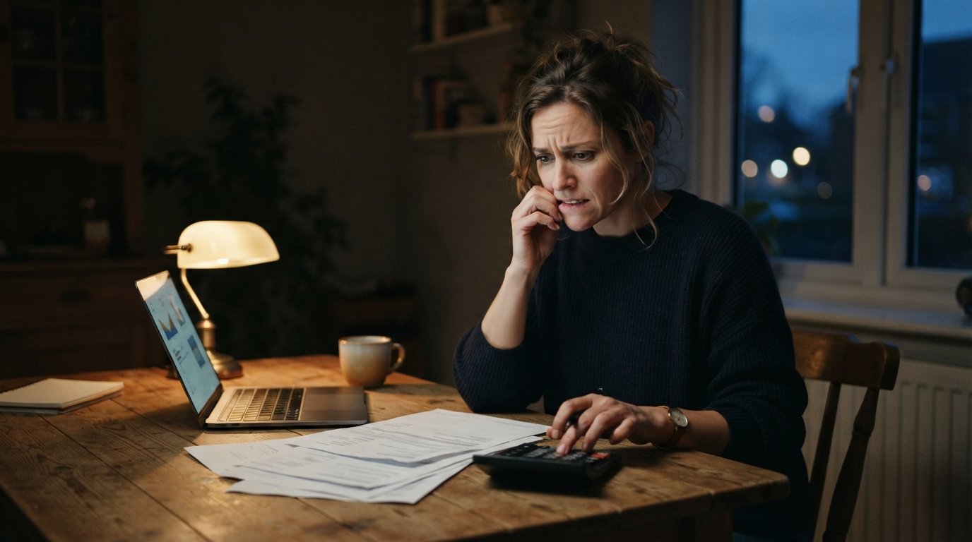 Worried homeowner at a kitchen table at night reviewing a mortgage statement with a pen, calculator, and open laptop