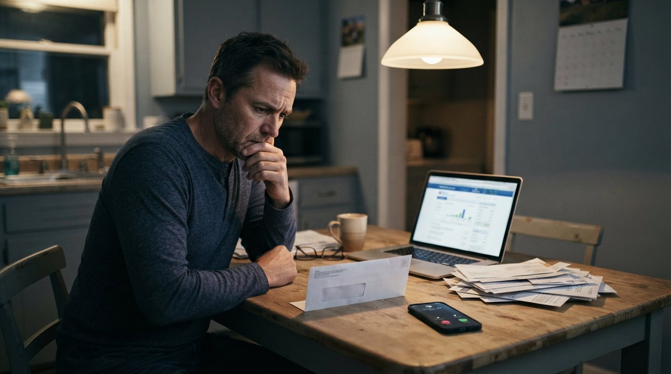 Worried man in his 40s at a kitchen table looking at an unopened collection letter, a phone with an unknown caller, and…