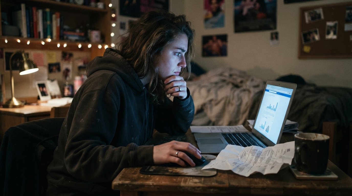 Stressed student in a hoodie at a dorm desk, hand on mouse, staring at a laptop beside a crumpled financial aid letter and…