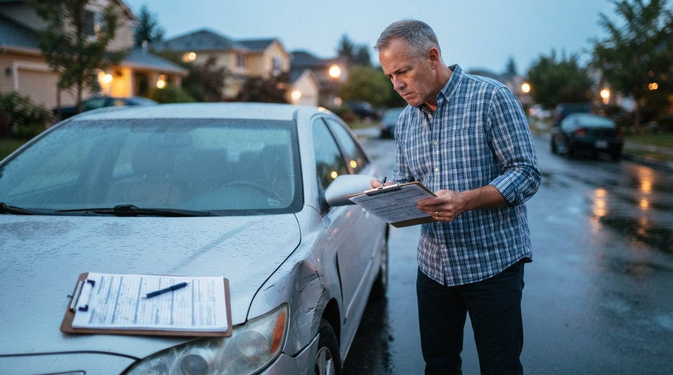 Middle-aged driver in a button-down shirt examines a dented silver sedan fender on a wet suburban street at dusk, holding…