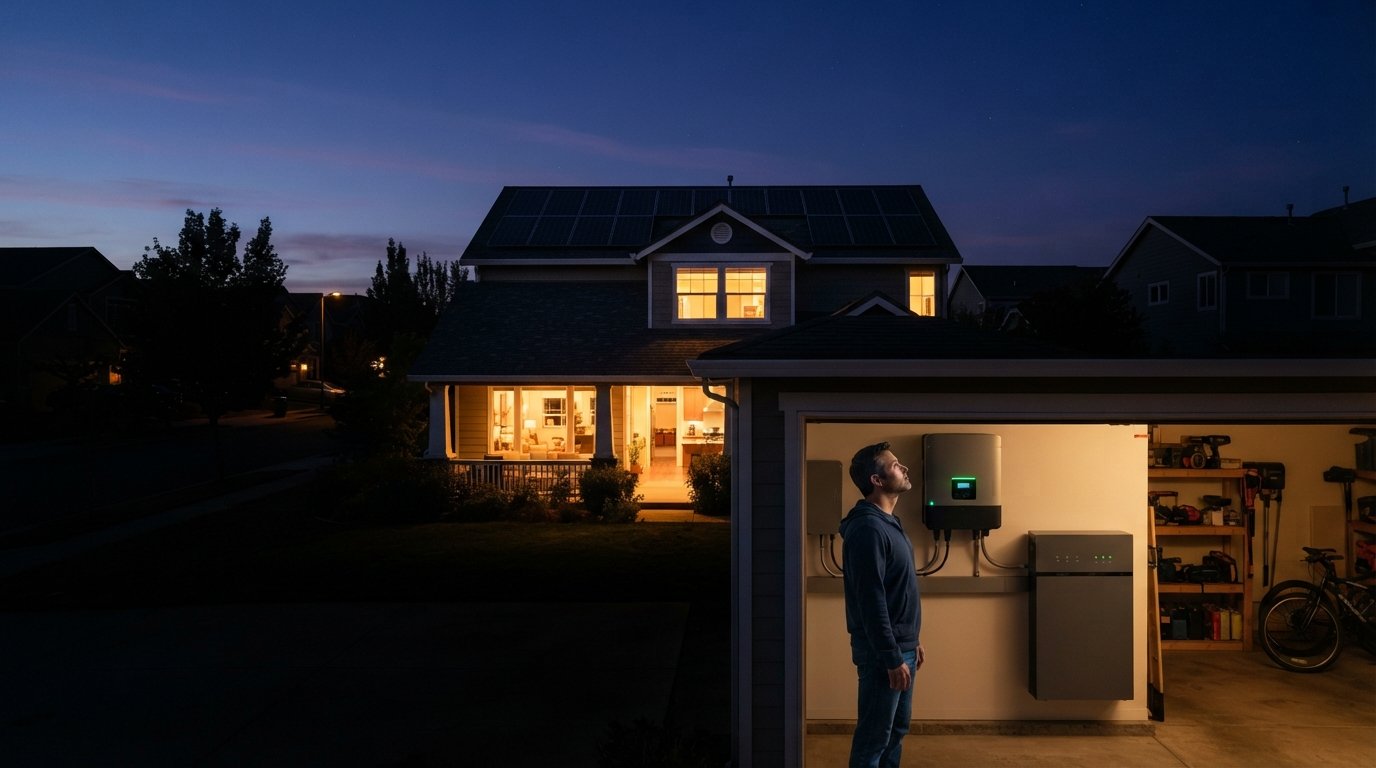 Rooftop solar panels on a suburban home at dusk, with dark neighboring houses, warm interior lights glowing, and a…