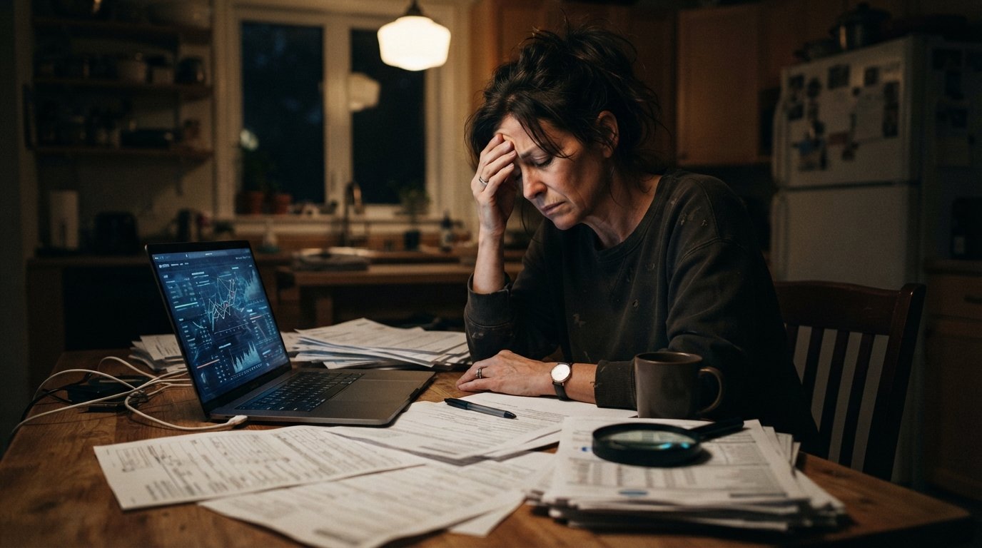Stressed adult at a kitchen table at night, hand to temple, laptop showing a credit score dashboard, surrounded by loan…