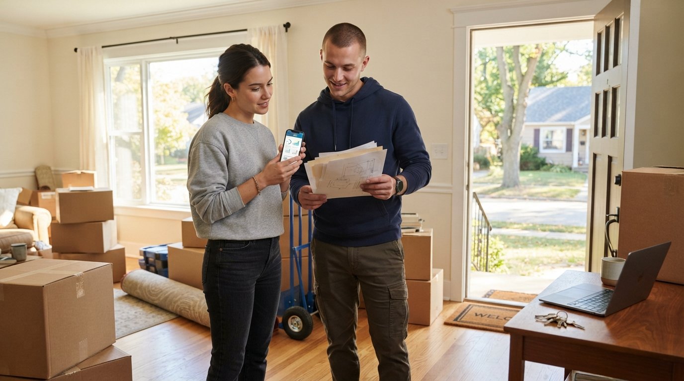 Couple in moving clothes stands in a new home doorway with boxes, one holding a phone with a loan application, the other…