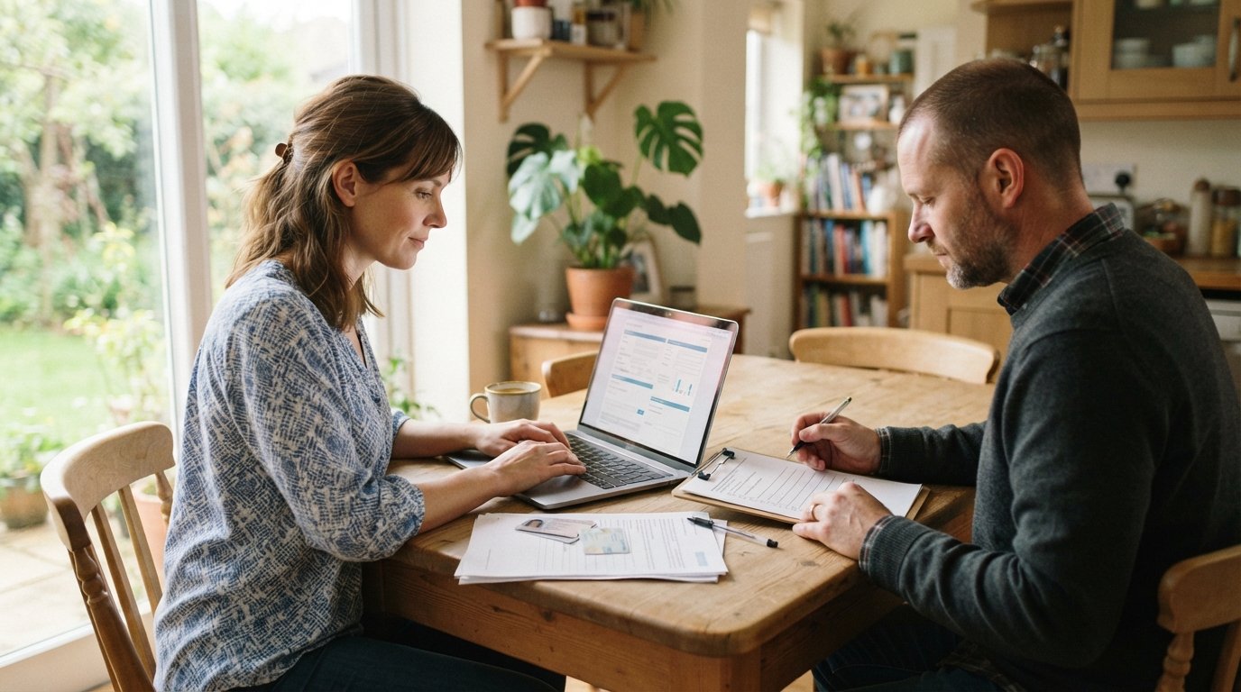 Woman types on a laptop at a kitchen table while a man reviews a printed checklist beside a driver's license and vehicle…