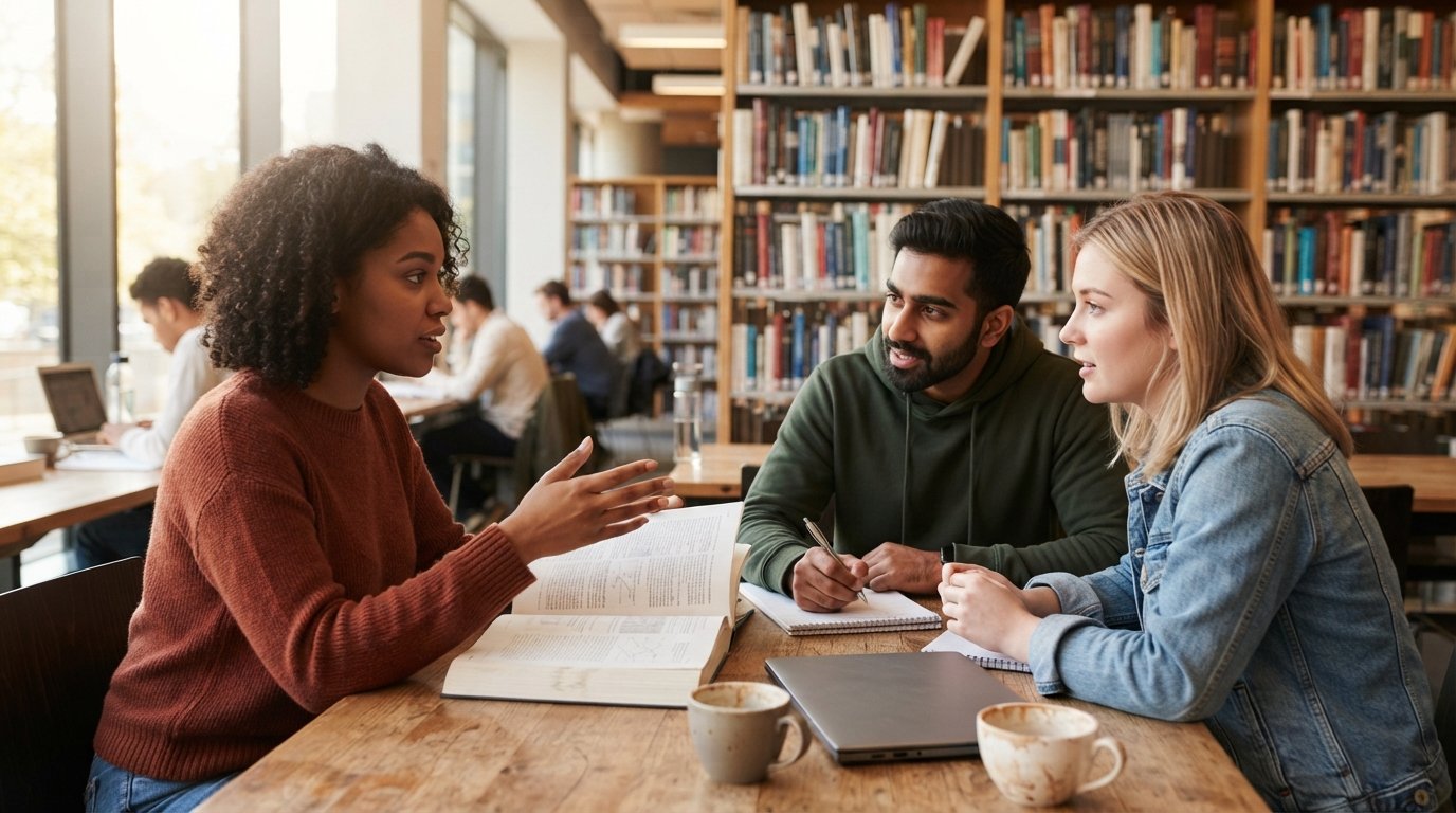 Three adult students study together at a wooden table in a bright library, with an open textbook, notebook, laptop, and…