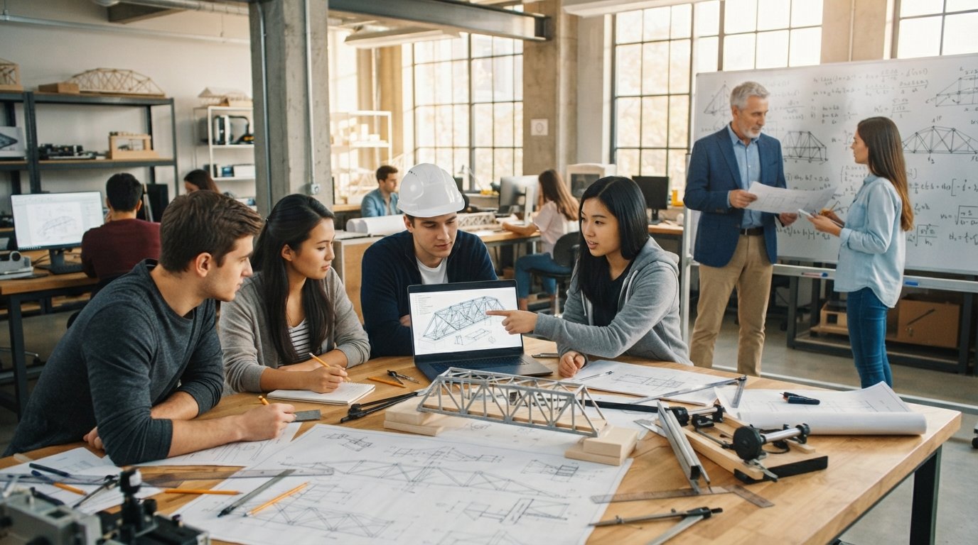 Students in an engineering lab examine blueprints and a bridge model while a professor reviews plans nearby