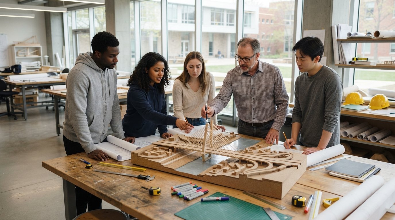Professor and students examining a detailed scale model of a bridge and road system on a wooden table in a bright…