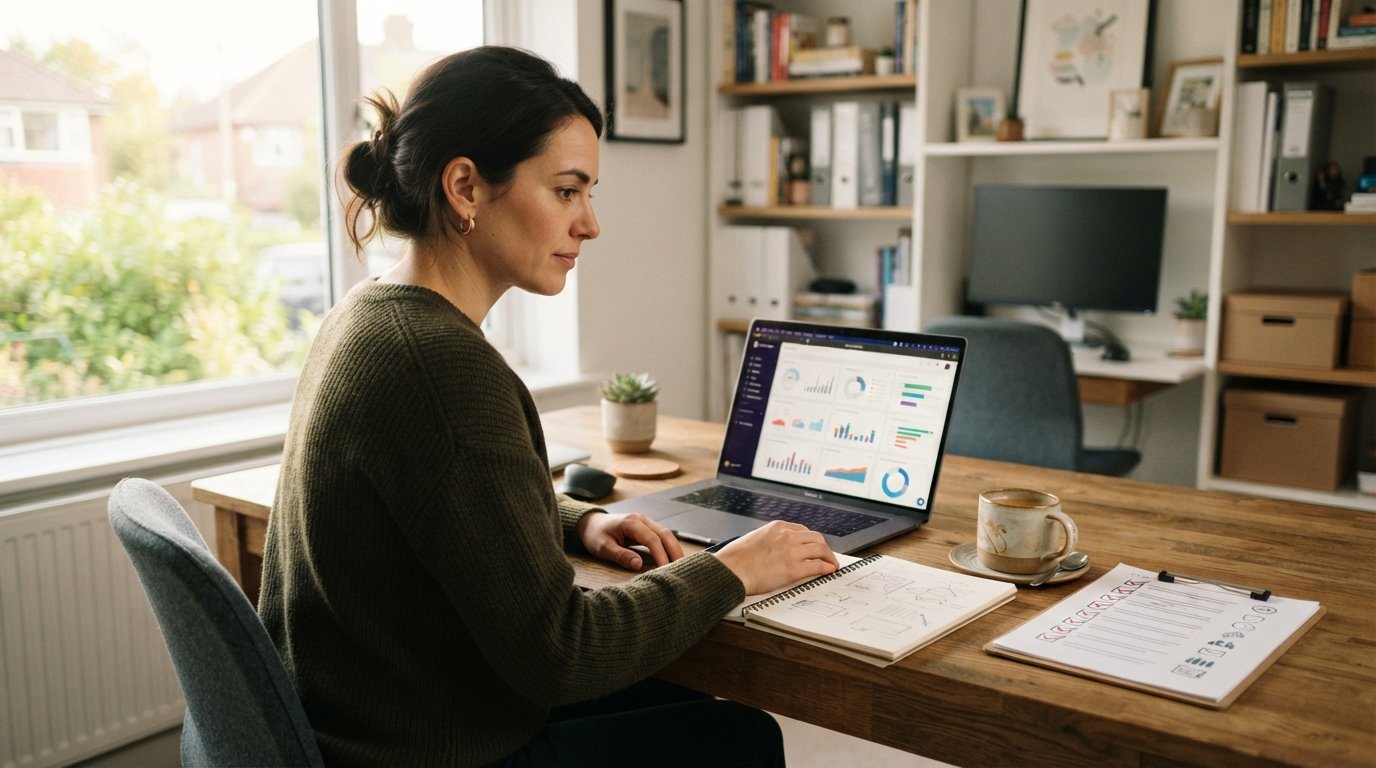 Adult learner in business-casual clothing reviewing a laptop dashboard at a wooden desk in a bright home office, with a…