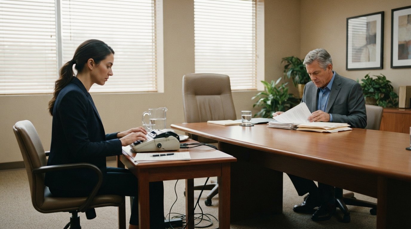 Court reporter typing on a stenotype machine at a wooden table in a conference room, with an attorney reviewing documents…