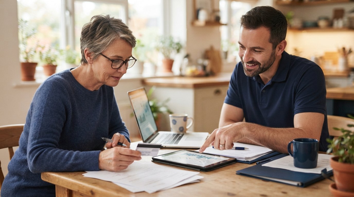 Woman with reading glasses reviews two insurance cards and paperwork at a kitchen table while an adviser points to a…