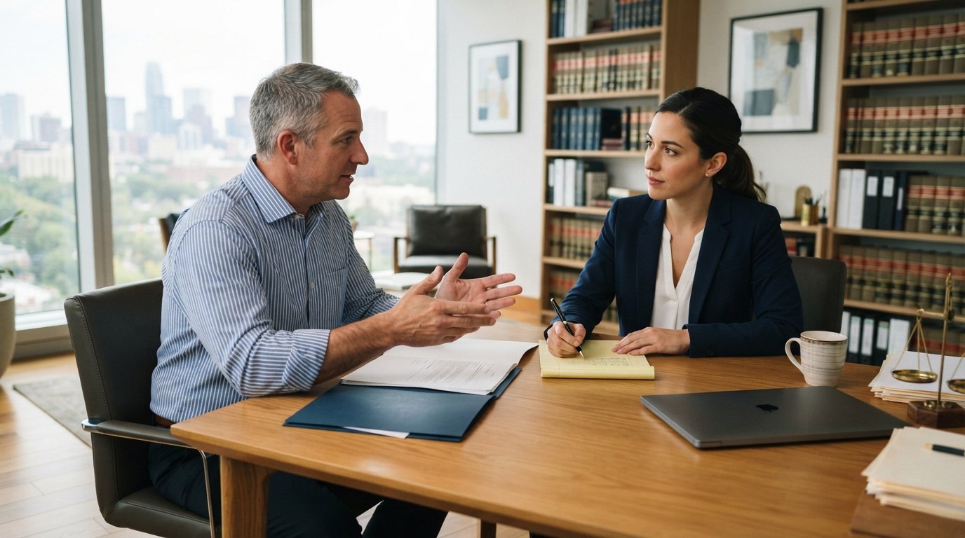 Man in a button-down shirt gestures toward documents while a female attorney in a navy blazer takes notes at a wooden desk…