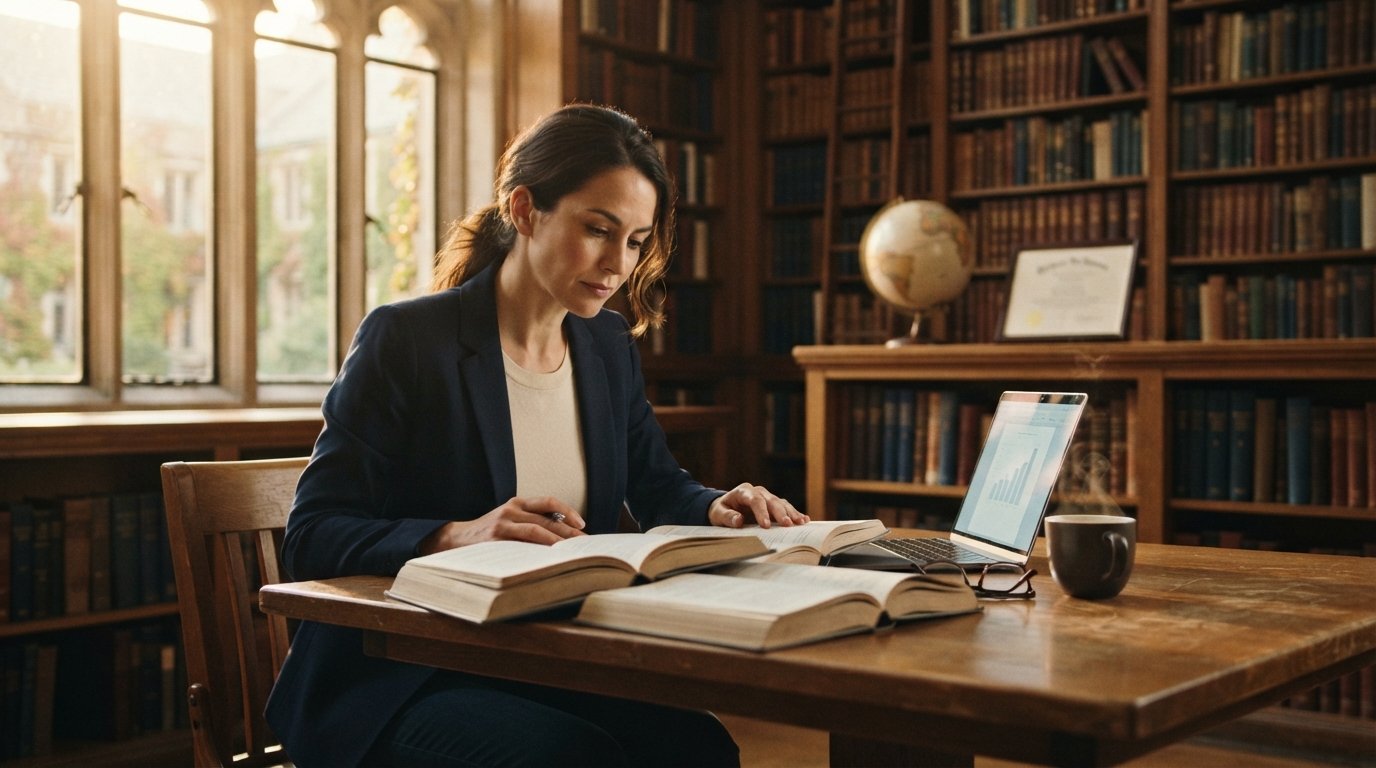 Graduate student in a navy blazer at a wooden desk comparing two stacks of academic books in a sunlit university library