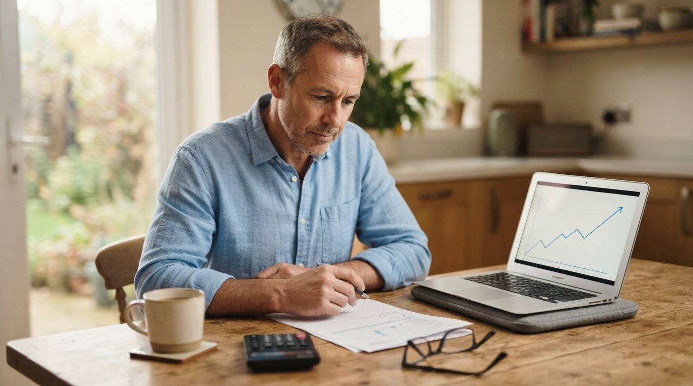 Middle-aged man in a light blue shirt reviewing a paper health insurance bill at a wooden table with a laptop showing a…