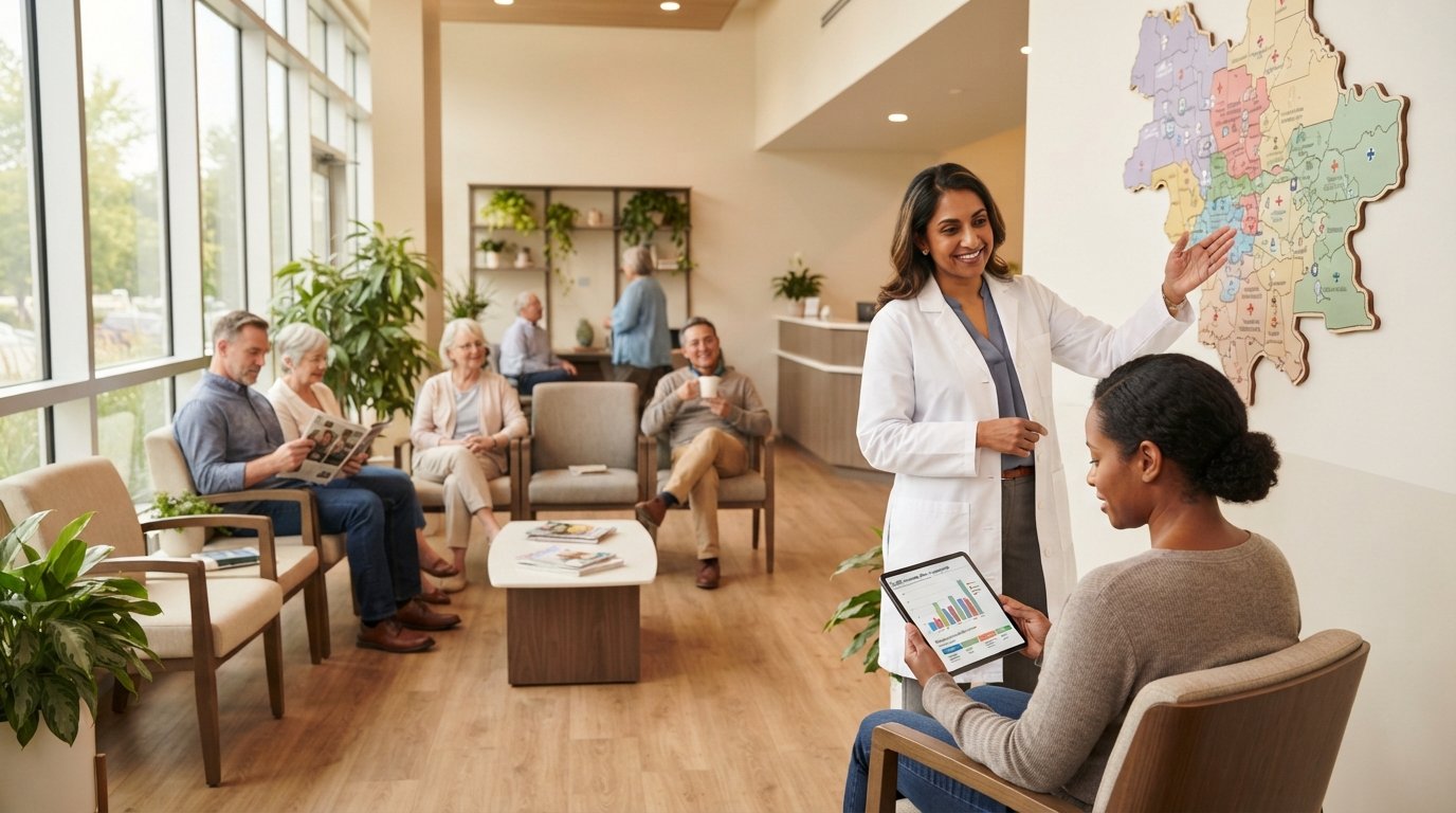 Adults sit in a bright clinic waiting area as one reviews a plan comparison chart on a tablet while a physician gestures…