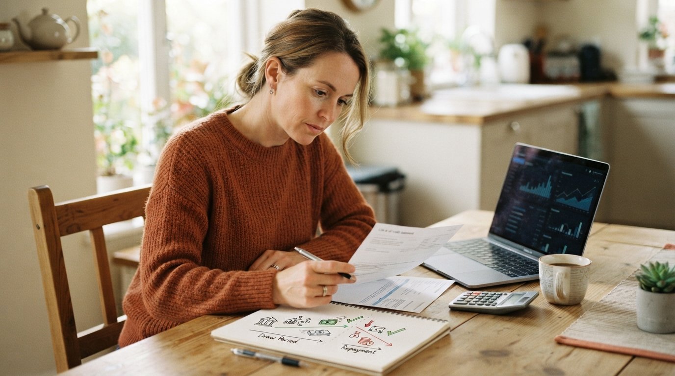 Woman in her 30s reviews a line of credit statement at a kitchen table with a laptop, calculator, coffee mug, and a…