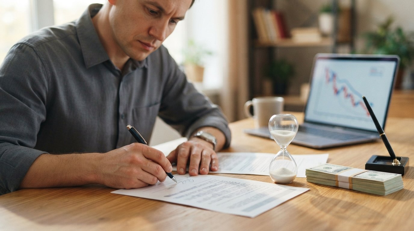 Hands signing a loan agreement on a wooden desk with a calculator, pen, cash, and hourglass nearby