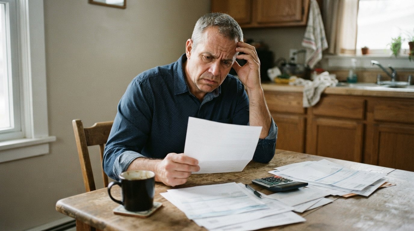 Concerned middle-aged man in a button-down shirt holds a settlement letter at a wooden kitchen table beside a calculator,…