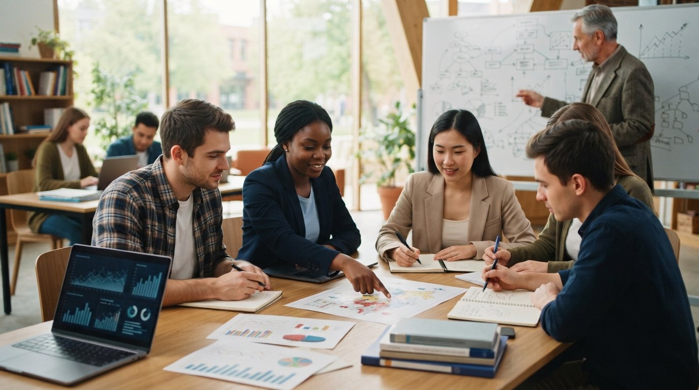 Graduate students review epidemiology charts and a disease map around a table in a bright classroom