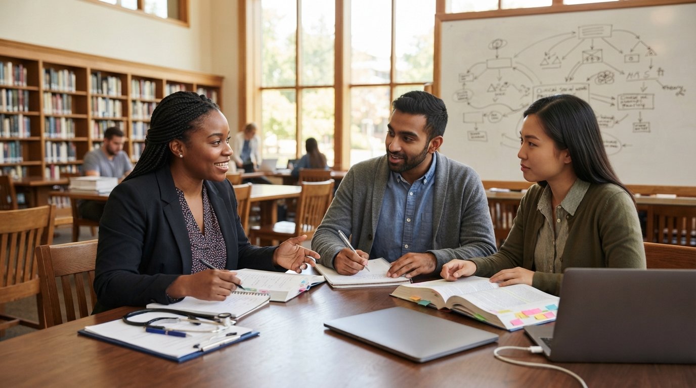Three graduate students in professional attire collaborate around a table in a bright university library with textbooks, a…
