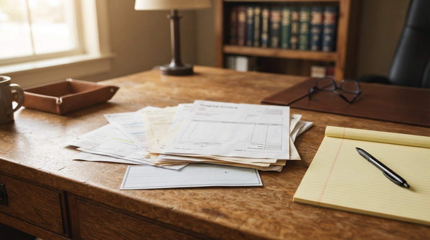 Stack of medical bills and a hospital invoice beside a partially visible settlement check, legal pad, and pen on a wooden…