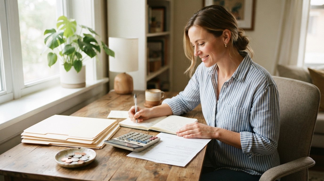 Homeowner at a sunlit desk reviewing a mortgage statement with a calculator, folders labeled property taxes and insurance,…