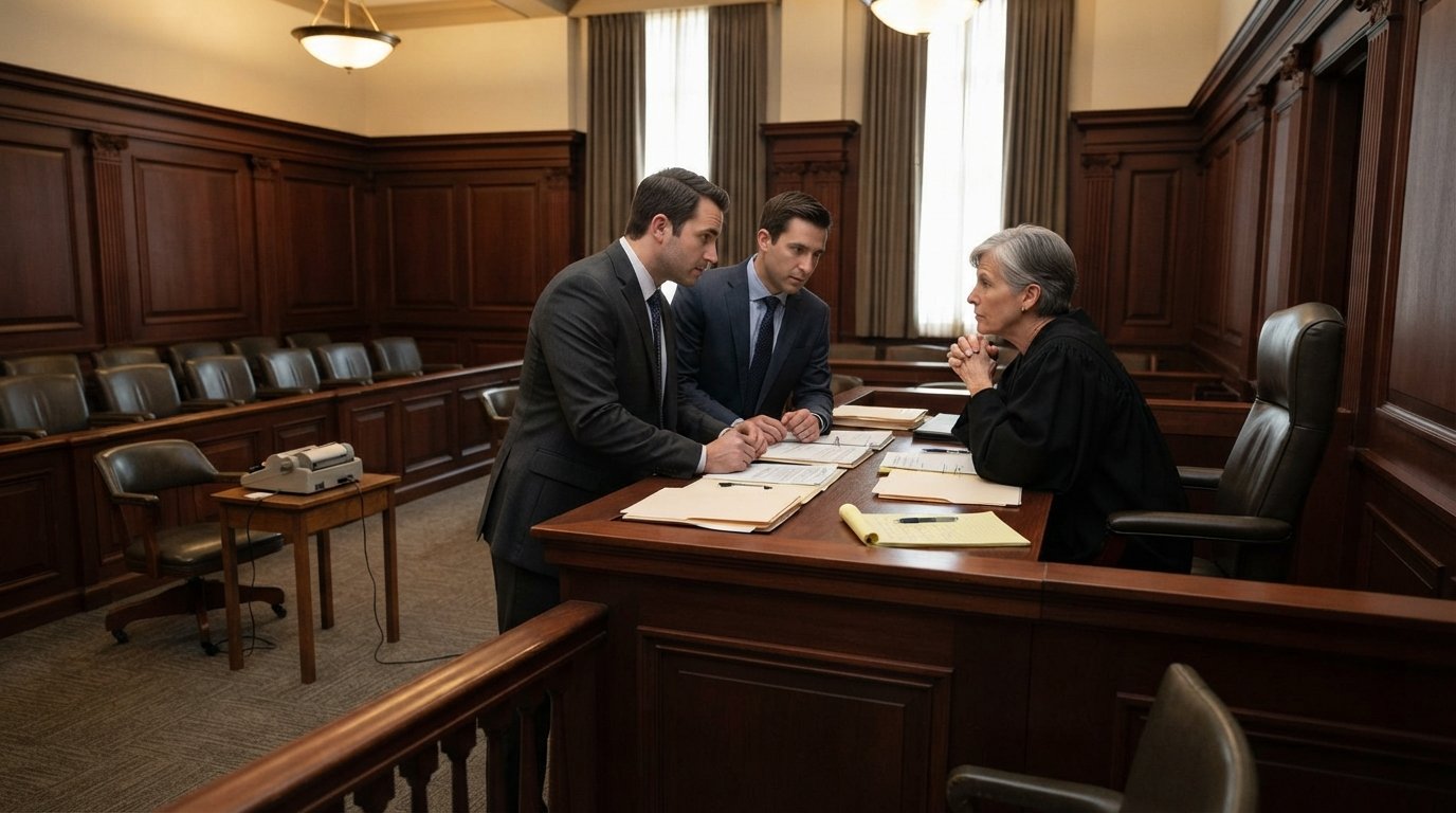 Two attorneys in dark suits lean toward each other at a judge's bench while a robed judge listens, with legal pads and case…