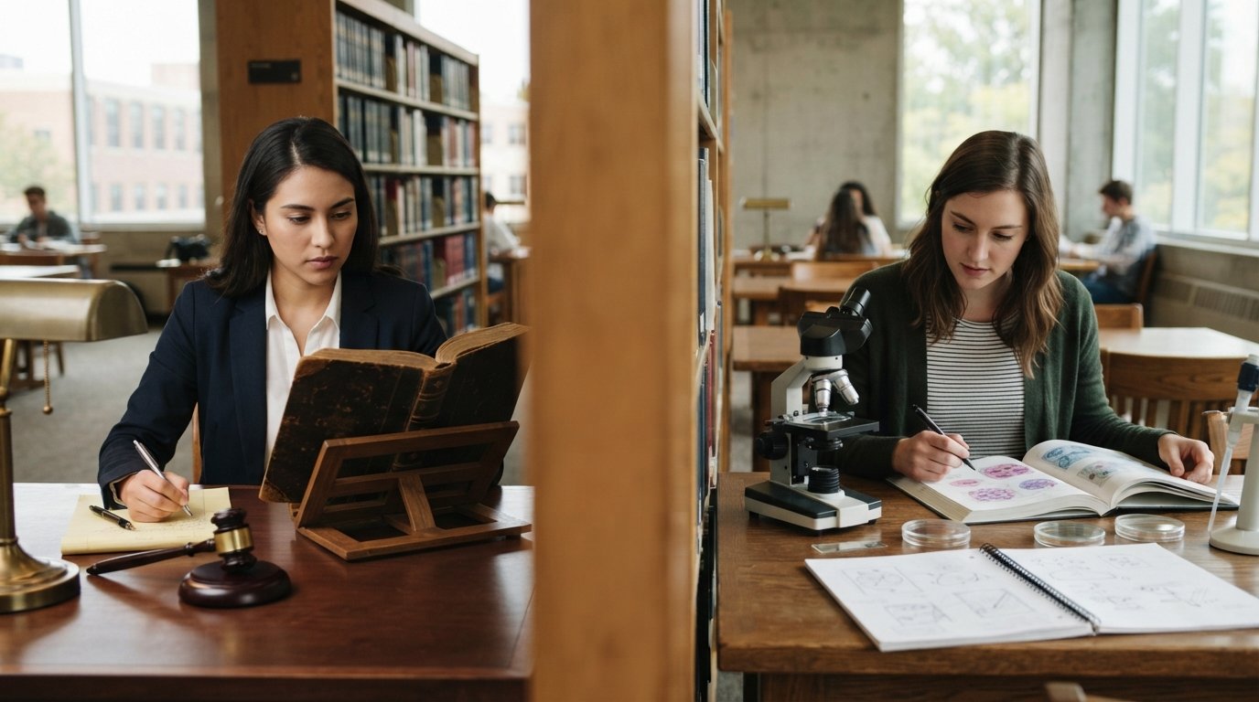 Two students in a library: one in a blazer reading a law textbook near a gavel; the other in a cardigan reviewing a biology…