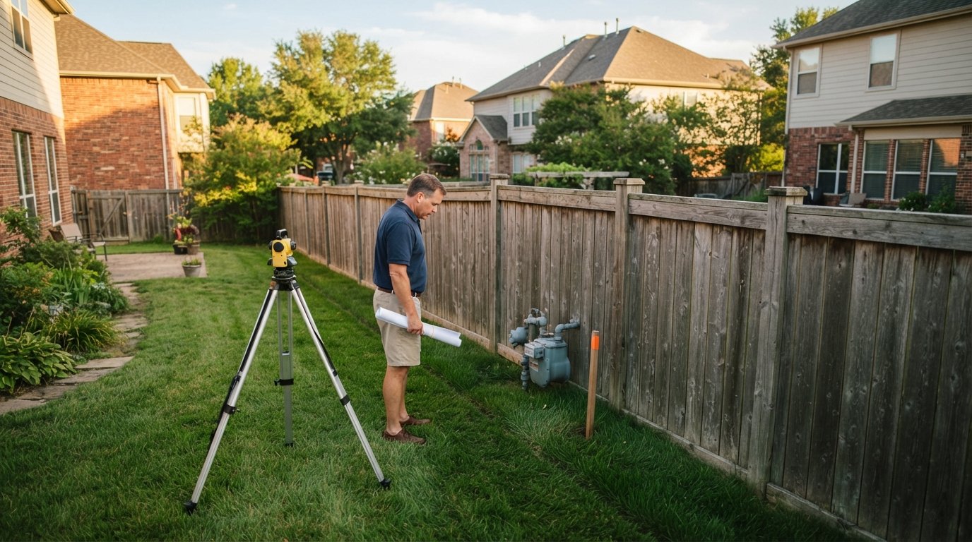 Homeowner holding rolled property papers beside a wooden fence, with a grassy strip, utility meter box, and survey marker…