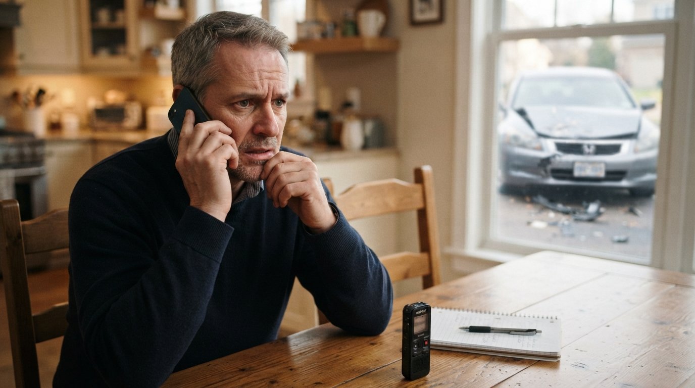 Worried middle-aged man on a smartphone at a kitchen table beside a digital voice recorder, with a damaged silver car…