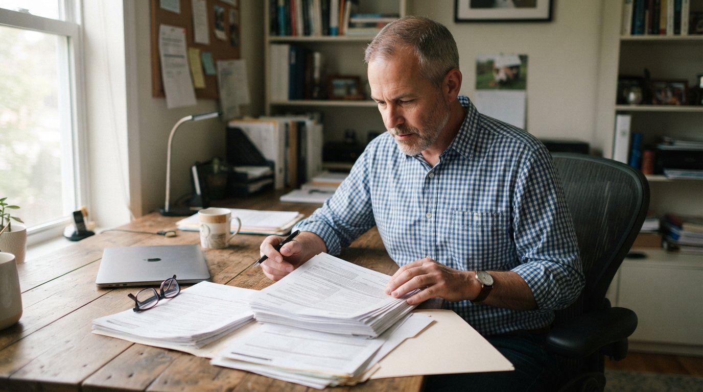 Middle-aged man in a button-down shirt reviews a multi-page medical form with a pen at a wooden desk, with medical records,…