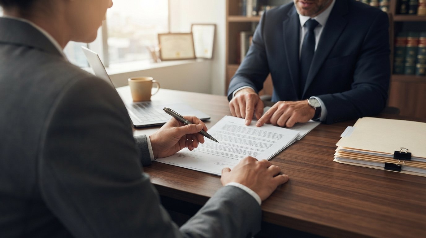 Person in a suit reviews a retainer agreement while a lawyer points to clauses on the document at a wooden desk with a…