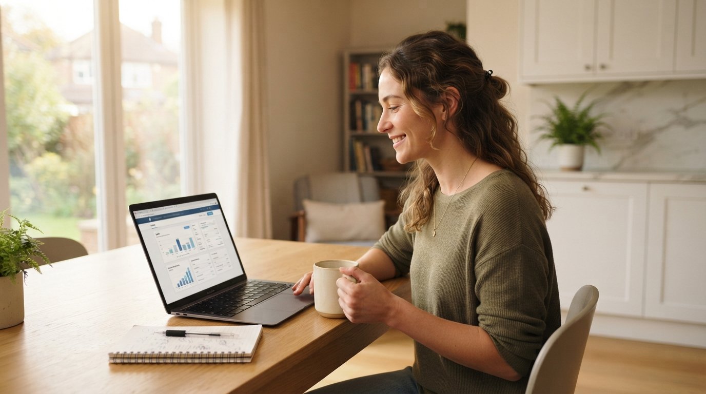 Woman in casual business attire at a kitchen table reviewing loan options on a laptop in morning light