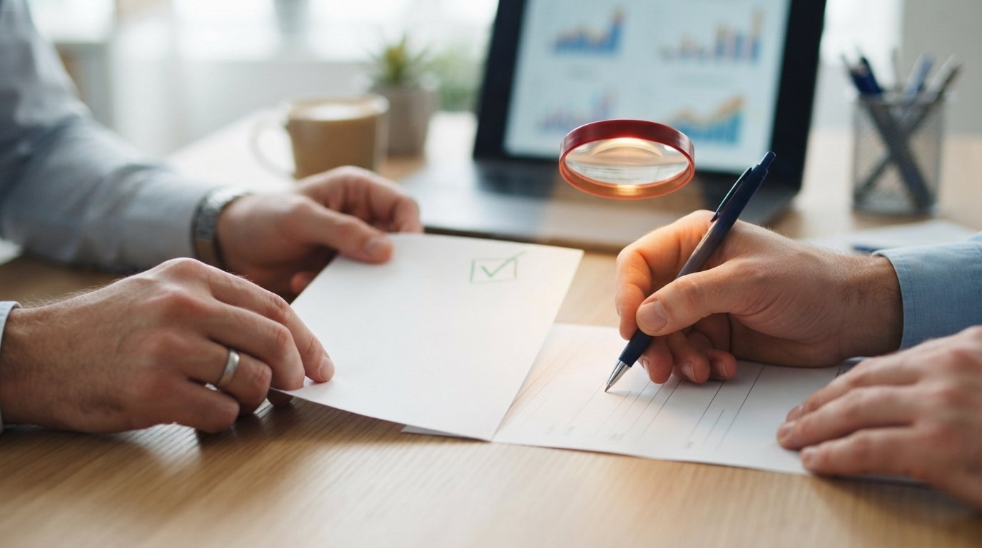 Two hands comparing a credit report with green approval stamp and a loan application under a red magnifying glass