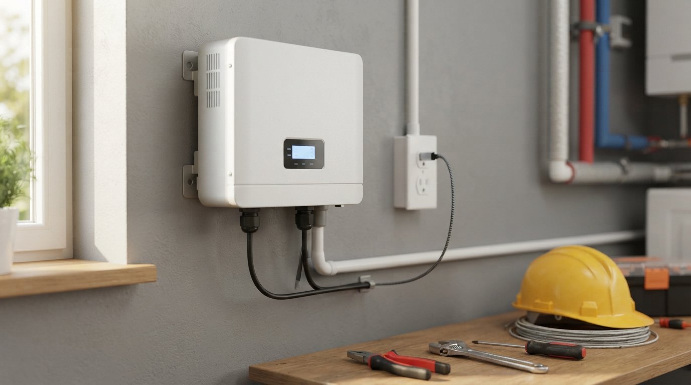 White solar inverter mounted on a gray wall with blue digital display and connected cables