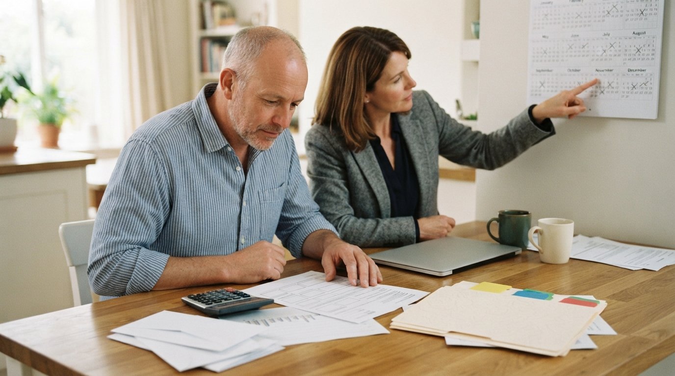 Man reviews a printed payment schedule and financial documents with a calculator while a woman points to a calendar marked…