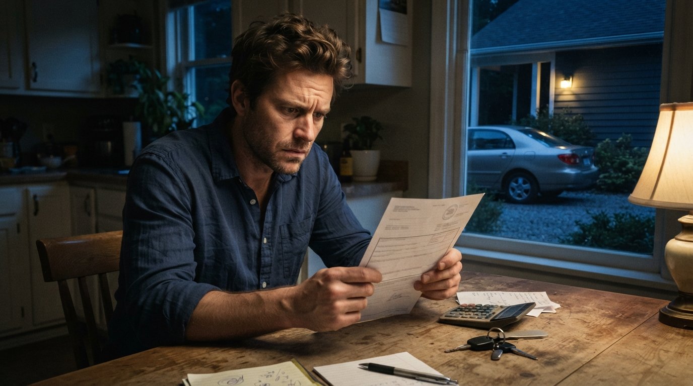 Worried man in a blue shirt holds a car title beside keys and a calculator at a kitchen table, with a silver sedan in the…