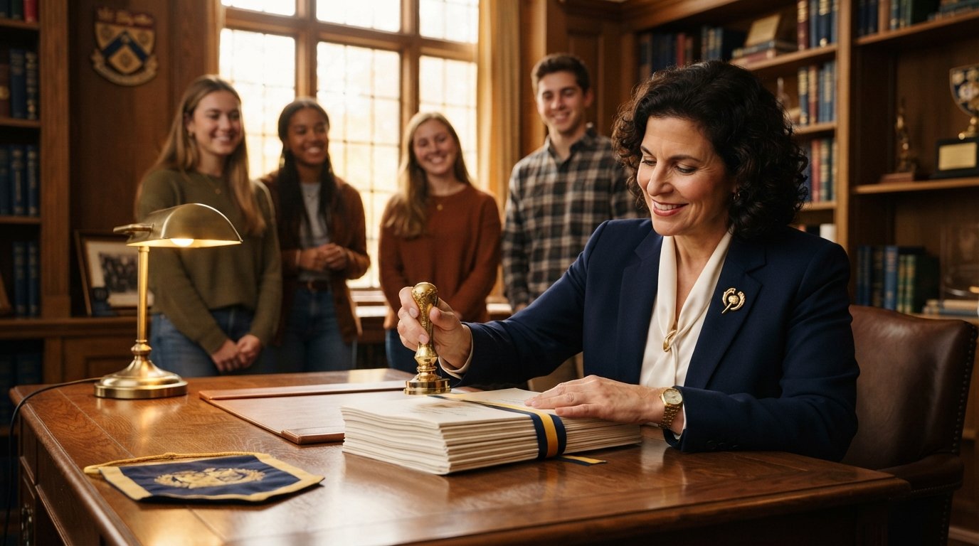 University administrator holding a gold seal stamp over accreditation documents on a desk, with students blurred in the…