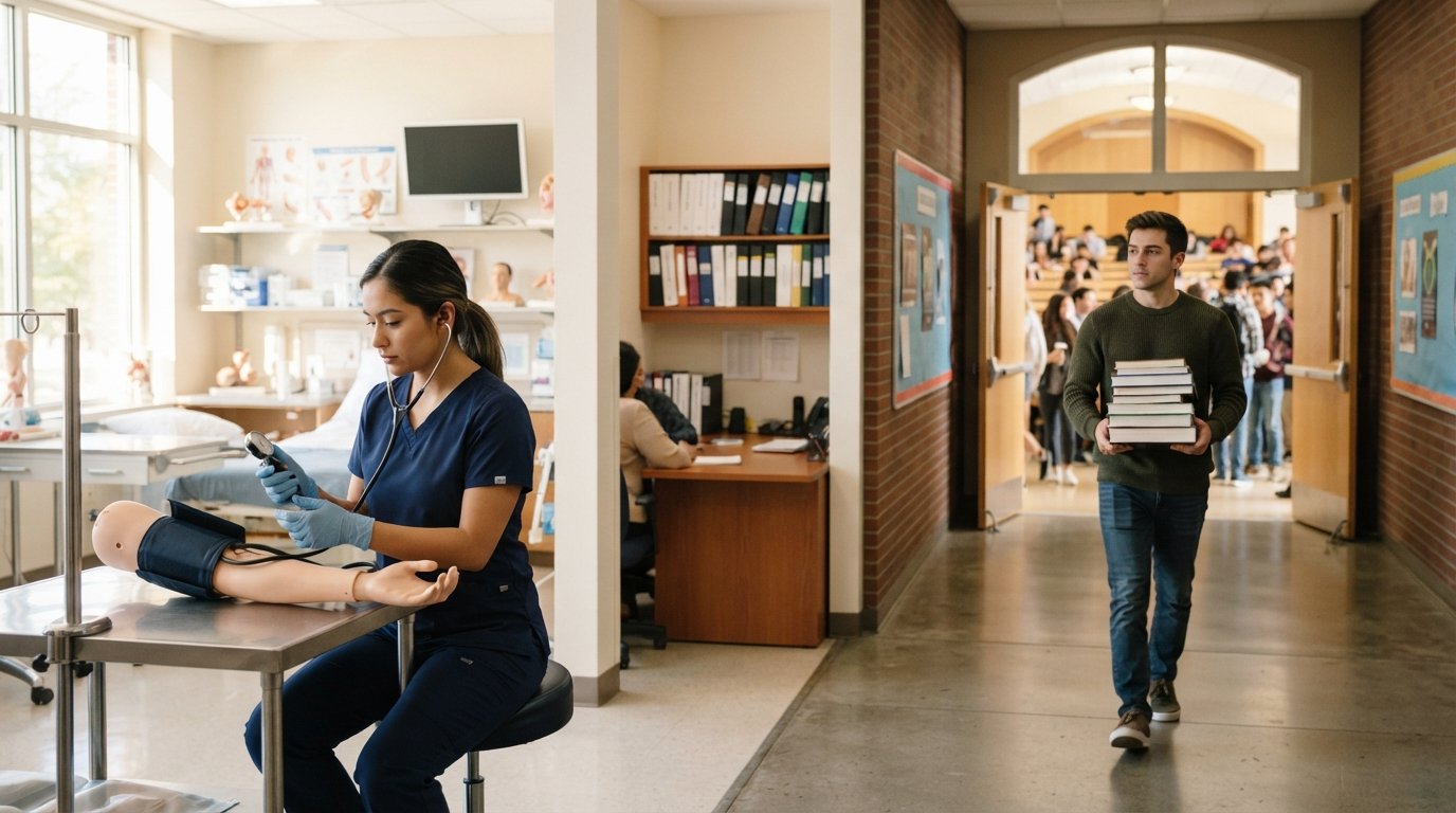 Student in navy scrubs practices on a medical mannequin arm in a nursing lab while another student carrying textbooks walks…