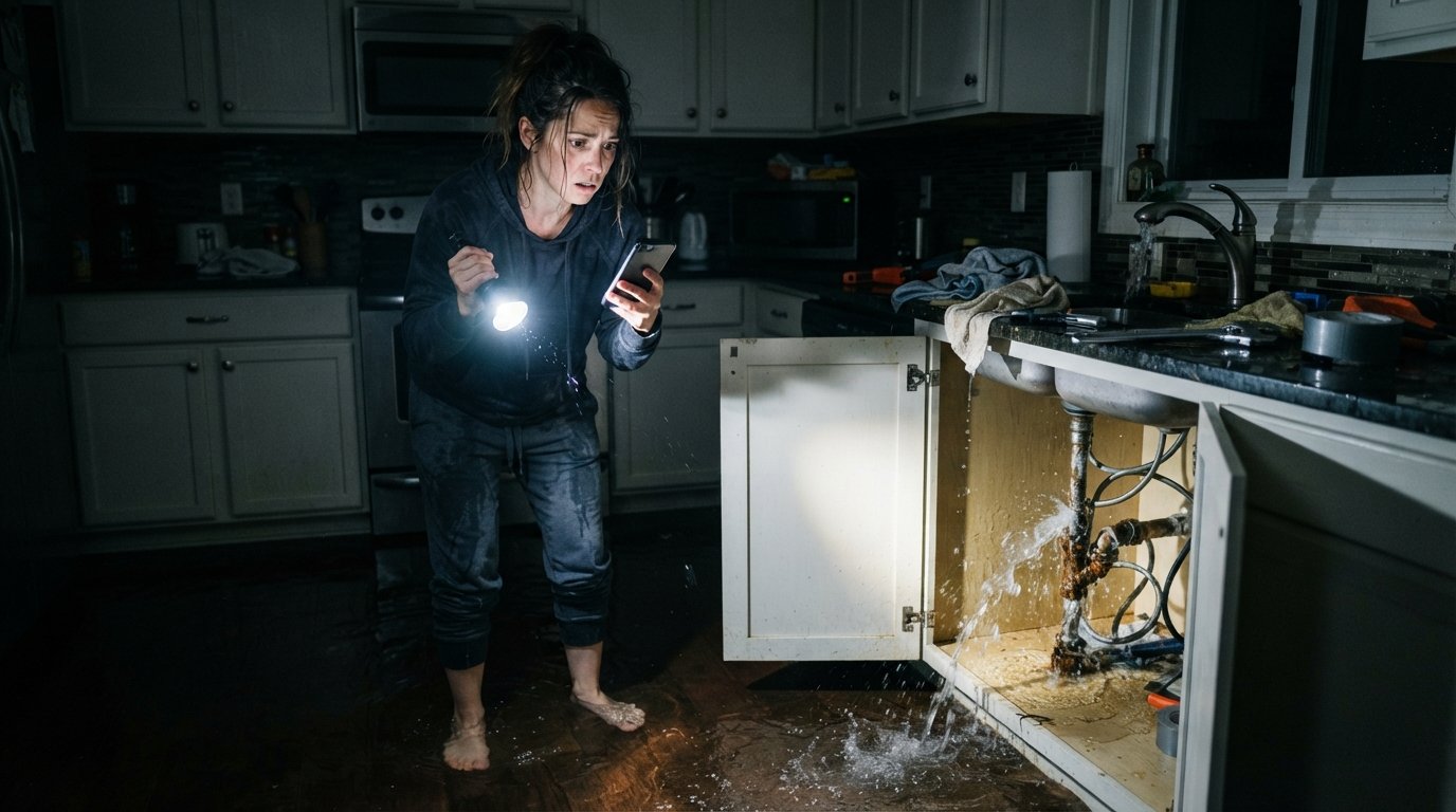 Worried homeowner standing in a flooded kitchen at night, holding a phone while water pools around their feet from a burst…