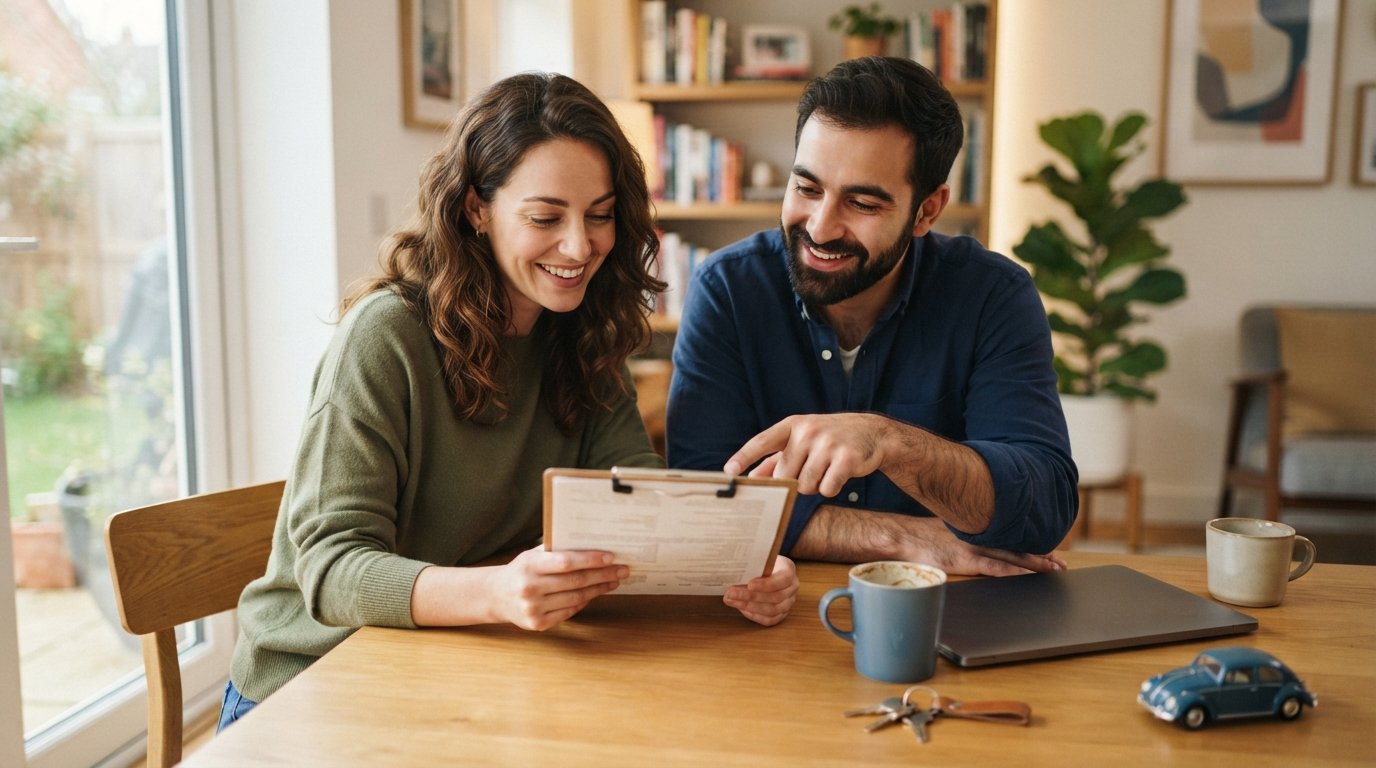 Smiling couple at a dining table reviewing a document together, with house keys and a toy car nearby