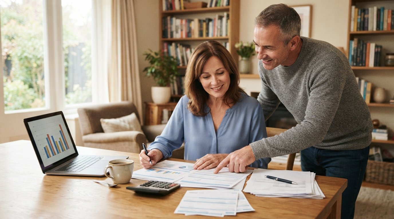 Woman in blue blouse and man in gray sweater review insurance paperwork and calculator at a kitchen table with a laptop