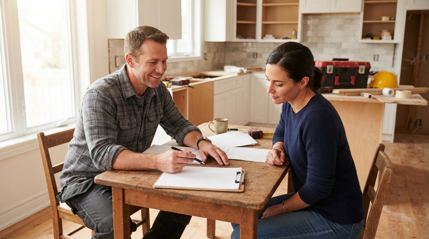 Homeowner and contractor in casual clothes reviewing paperwork at a kitchen table in a partially renovated kitchen, with a…